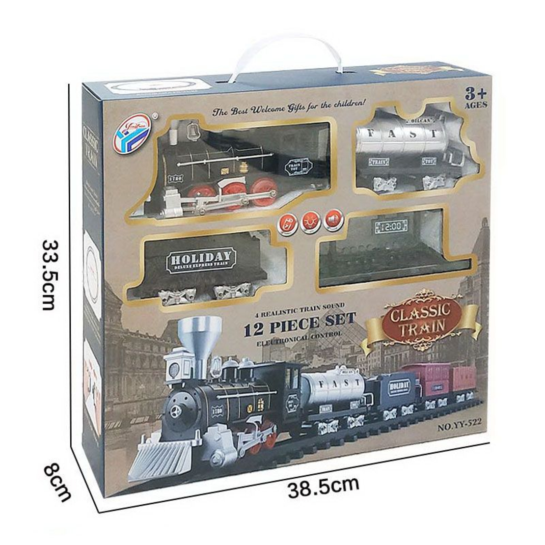 Детско влакче с релси Raya Toys Classic Train, със звук и светлини, 12 части