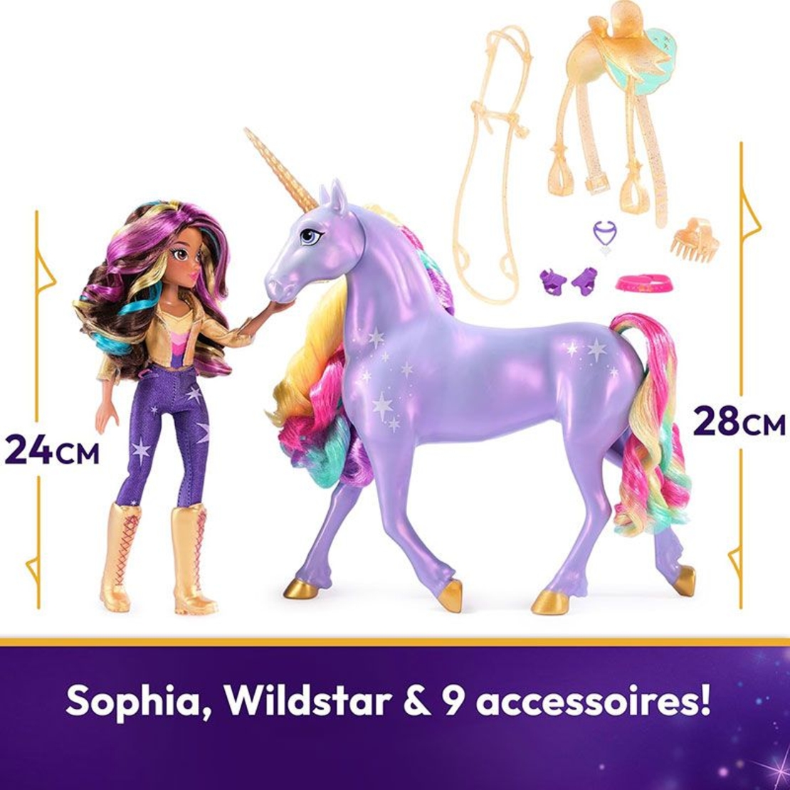 Kомплект интерактивна играчка светещ еднорог и кукла Spin Master Unicorn Academy Sophia & Rainbow Light-Up Wildstar, със звуци и музика