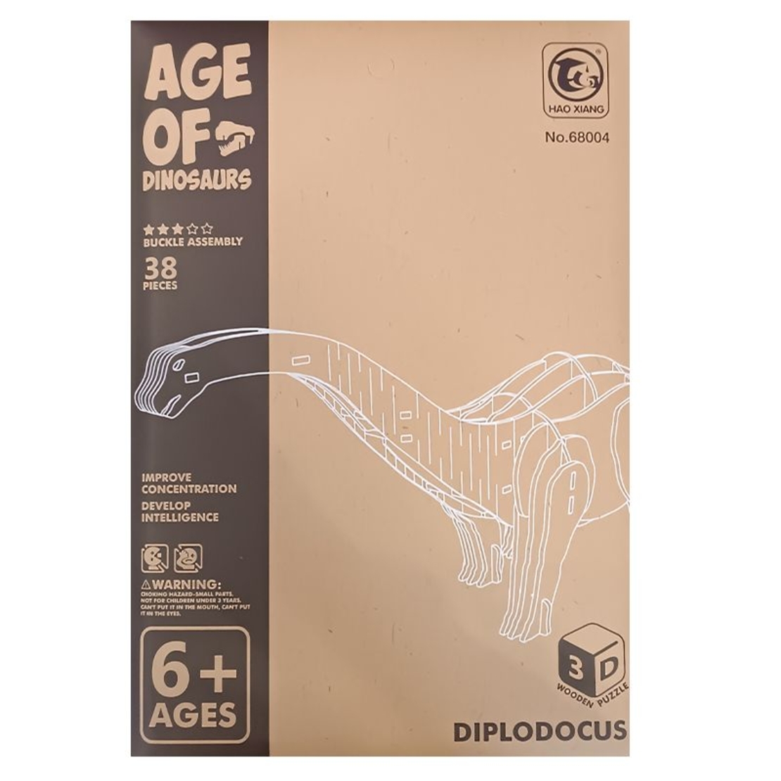 Дървен 3D пъзел Raya Toys Age of Dinosaurs Диплодок, 38 ч.