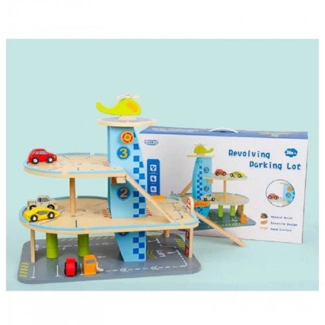 Дървен детски паркинг Raya Toys с коли и хеликоптер, 28 части