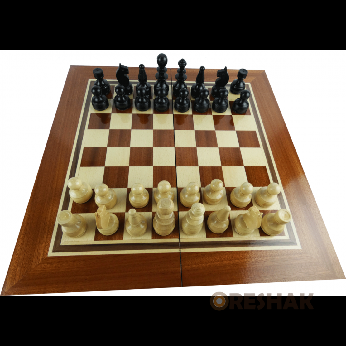 Комплект шах и табла с естествен фурнир махагон и бук 34 на 34 см