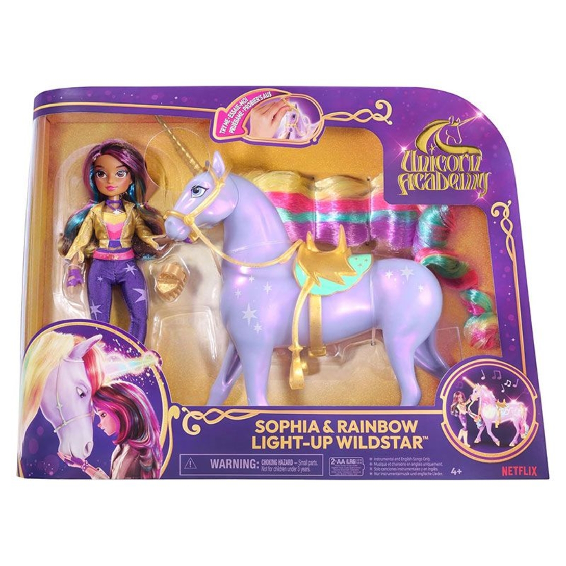 Kомплект интерактивна играчка светещ еднорог и кукла Spin Master Unicorn Academy Sophia & Rainbow Light-Up Wildstar, със звуци и музика