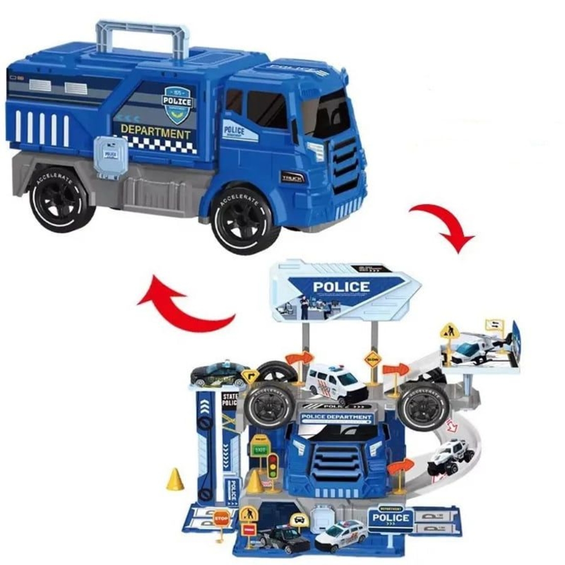 Детски игрален комплект Raya Toys Полицейски камион-паркинг 2в1, 46 ч.