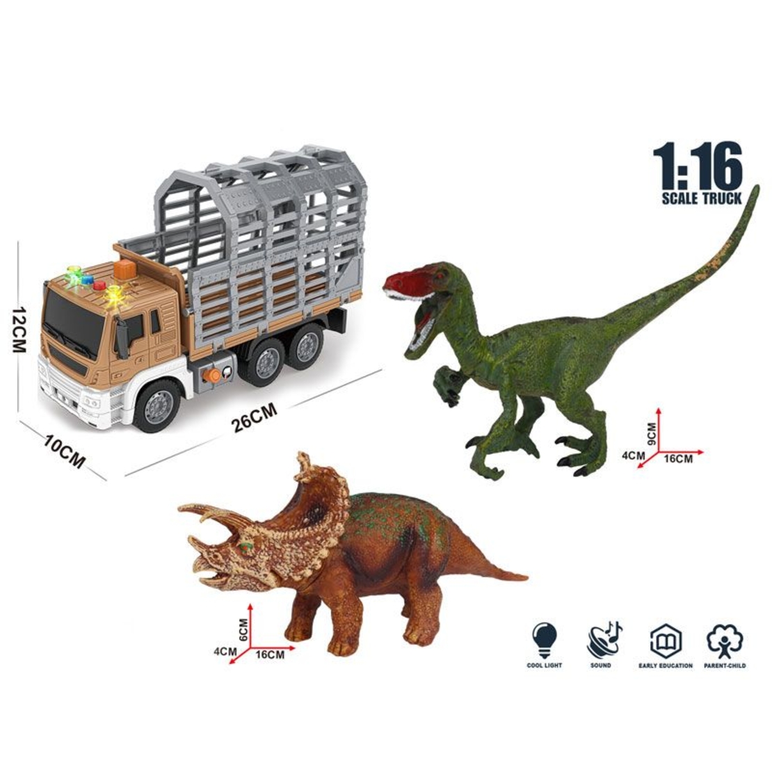 Игрален комплект Raya Toys Truck Car Детски камион с фигури на динозаври, с музика и светлини, 1:16