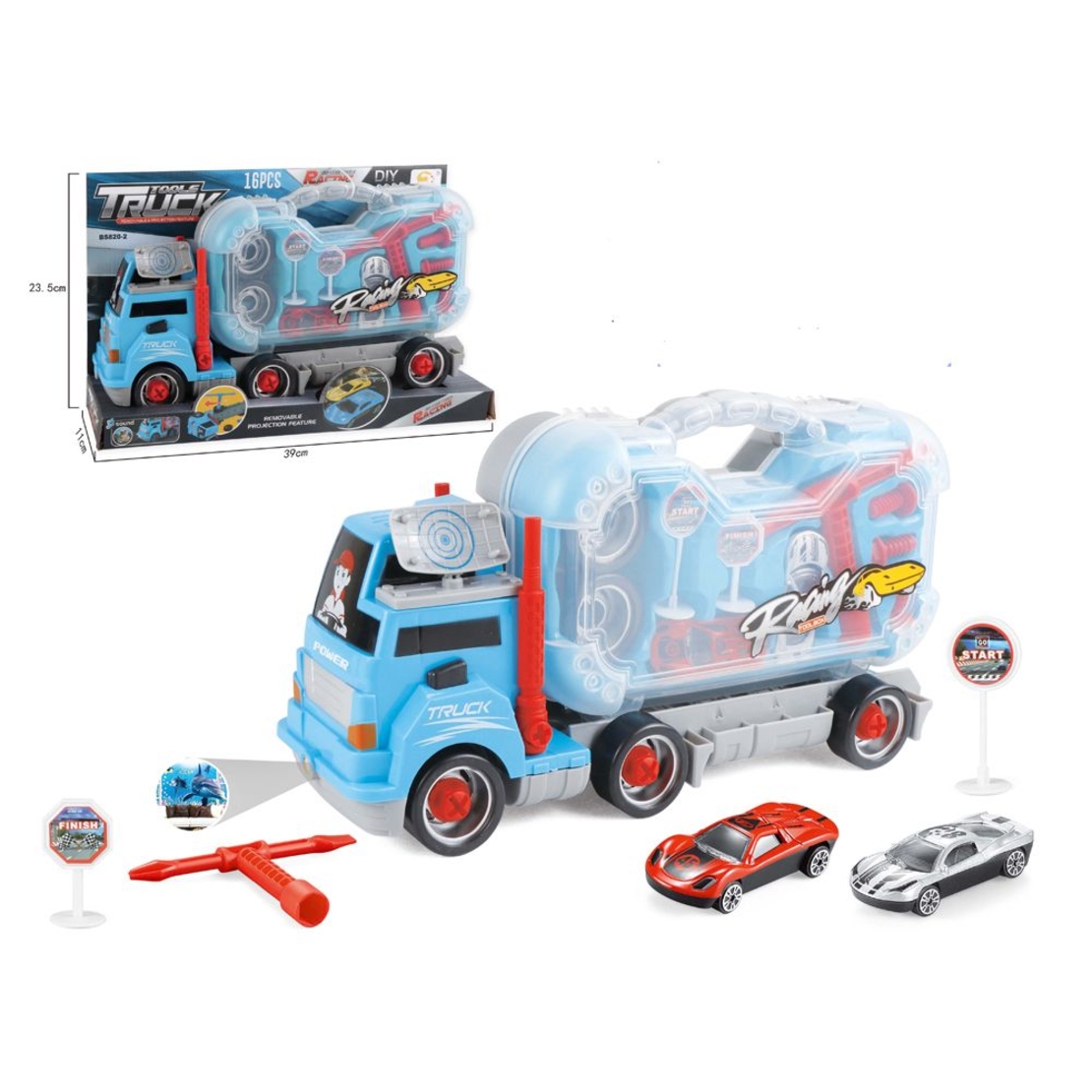 Детски камион с куфар Raya Toys с инструменти и коли, със звуци и светлини