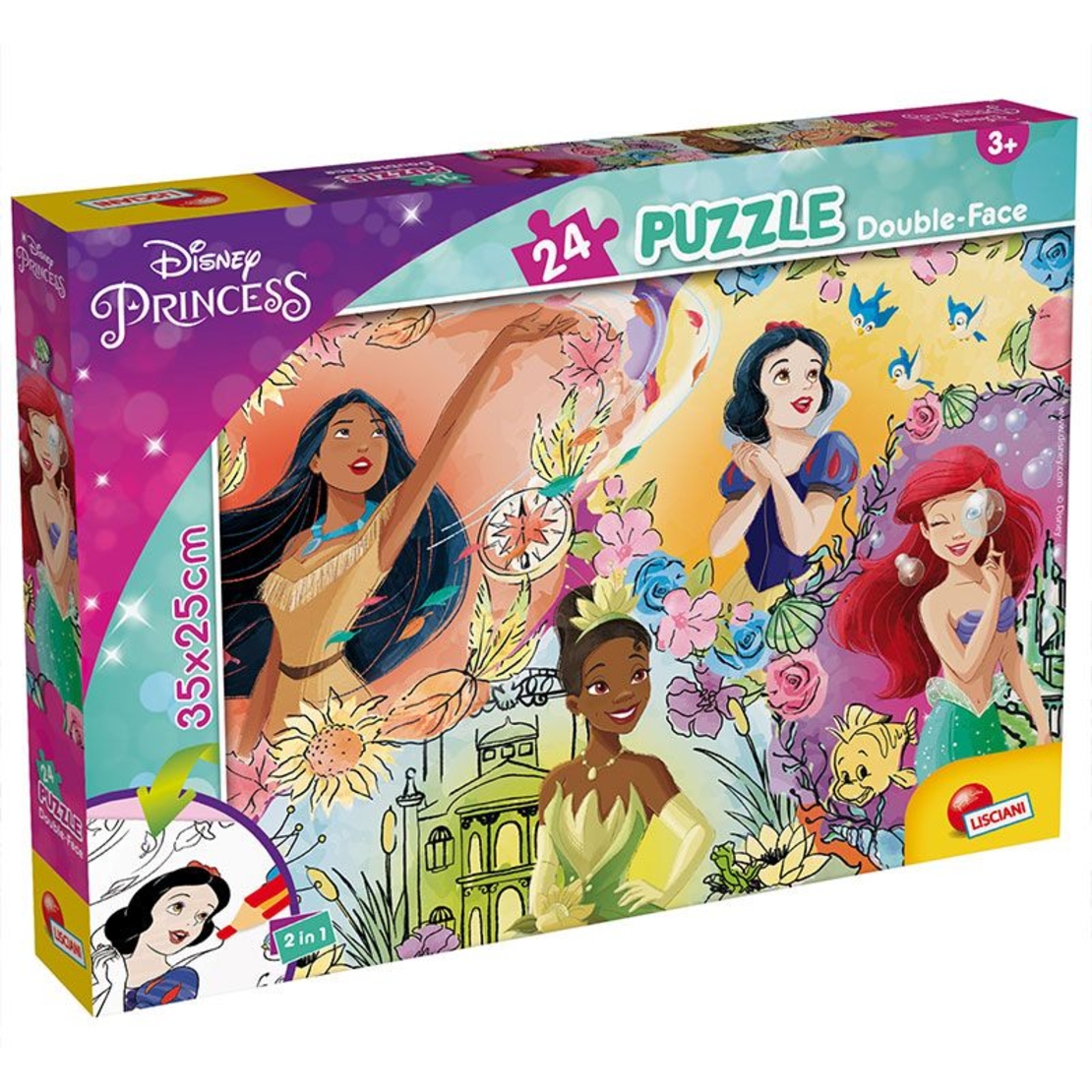 Детски пъзел Lisciani Disney Princess, двулицев за оцветяване 24 части