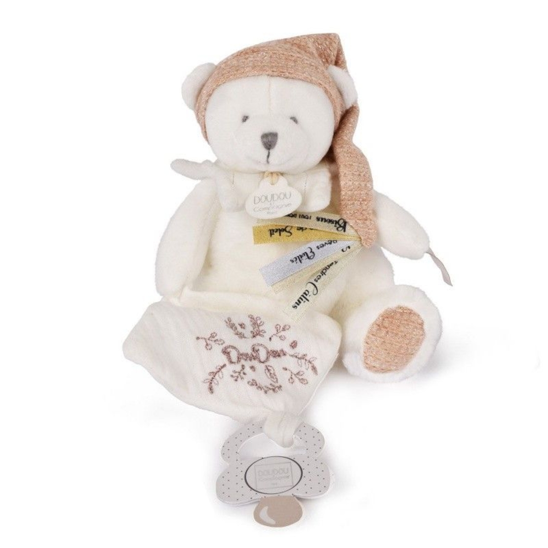 Плюшено мече за гушкане Doudou + кърпа и клипс за залъгалка 20 см, DC4335