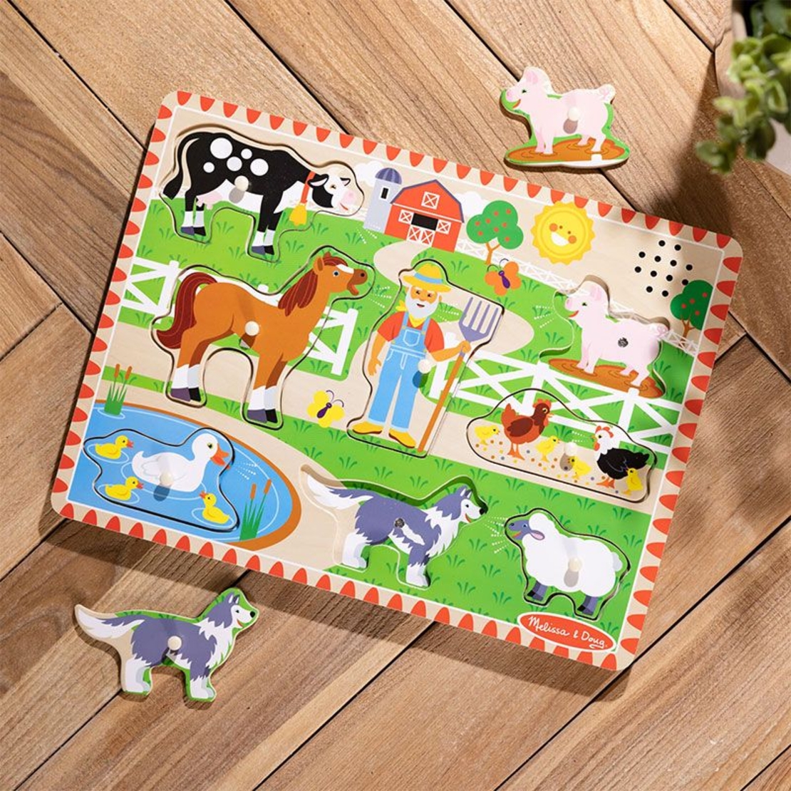 Дървен пъзел Melissa & Doug Фермата на Макдоналд, с песничка