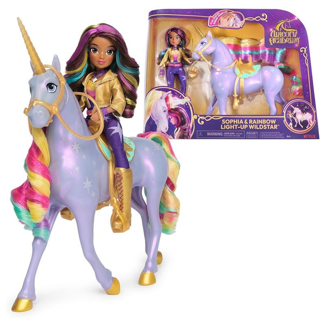 Kомплект интерактивна играчка светещ еднорог и кукла Spin Master Unicorn Academy Sophia & Rainbow Light-Up Wildstar, със звуци и музика