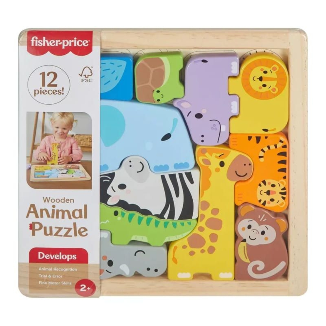 Дървен пъзел с животни Fisher Price, 12 ч.