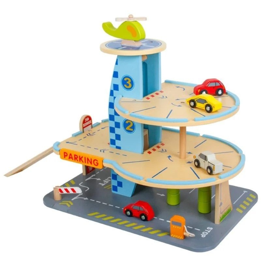 Дървен детски паркинг Raya Toys с коли и хеликоптер, 28 части