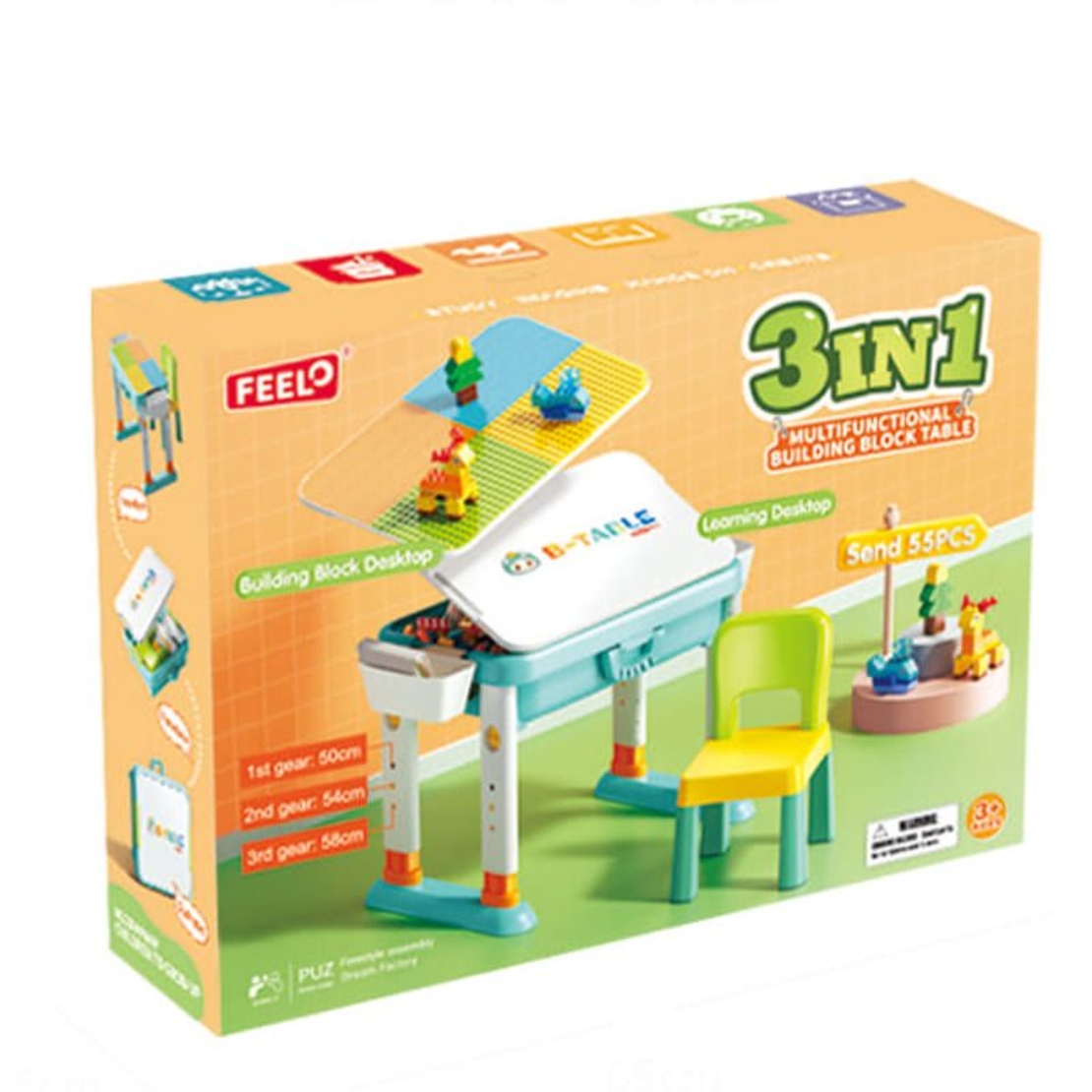 Детска маса със столче и конструктор 3 в 1 Feelo, 55 ч.