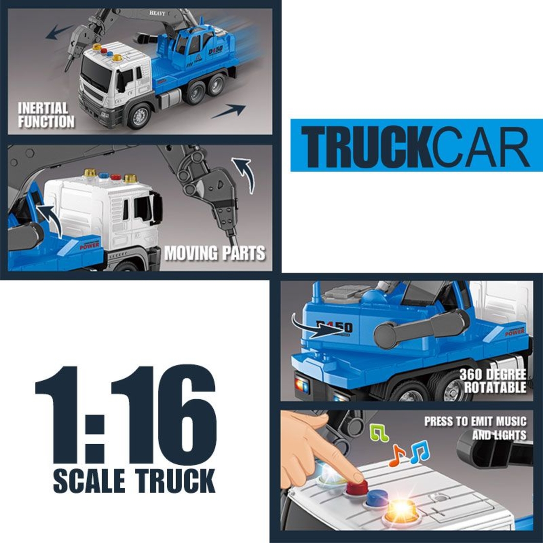 Детски камион с къртач Raya Toys Truck Car с музика и светлини, 1:16