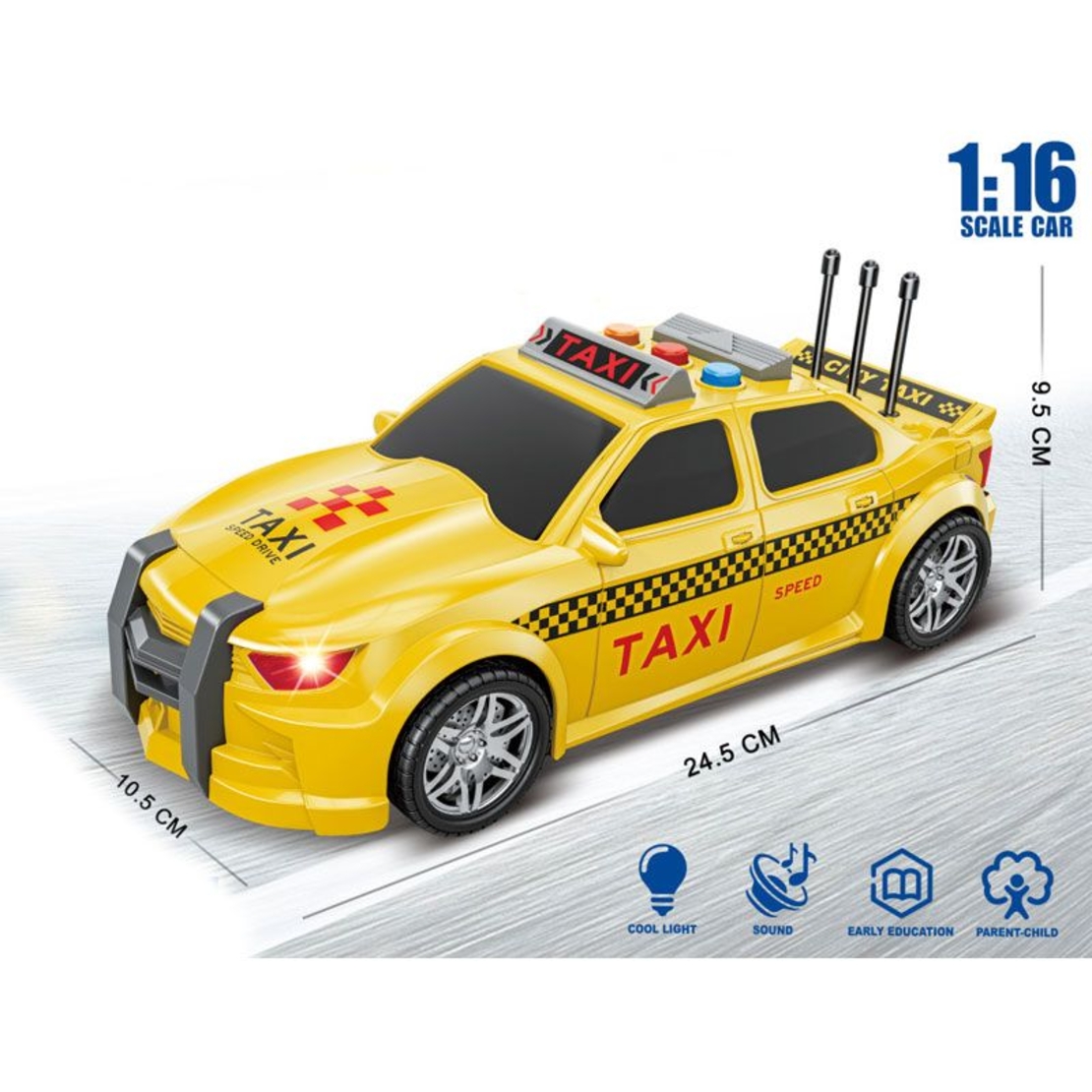 Детска кола за игра Raya Toys Такси с музика и светлини, Жълт, 1:16