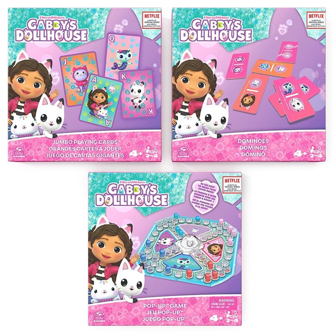 Комплект настолни игри Spin Master Gabby’s Dollhouse Не се сърди човече, Домино, Карти