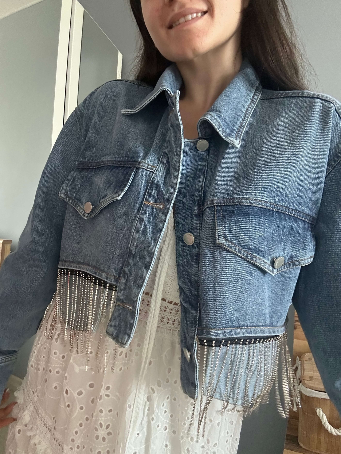Късо дънково яке с маниста и джобчета 💎👖