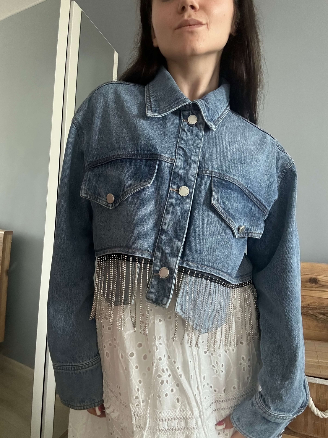 Късо дънково яке с маниста и джобчета 💎👖