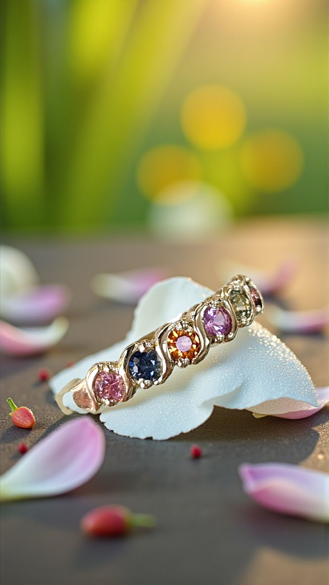 Златен пръстен със цветни сапфири