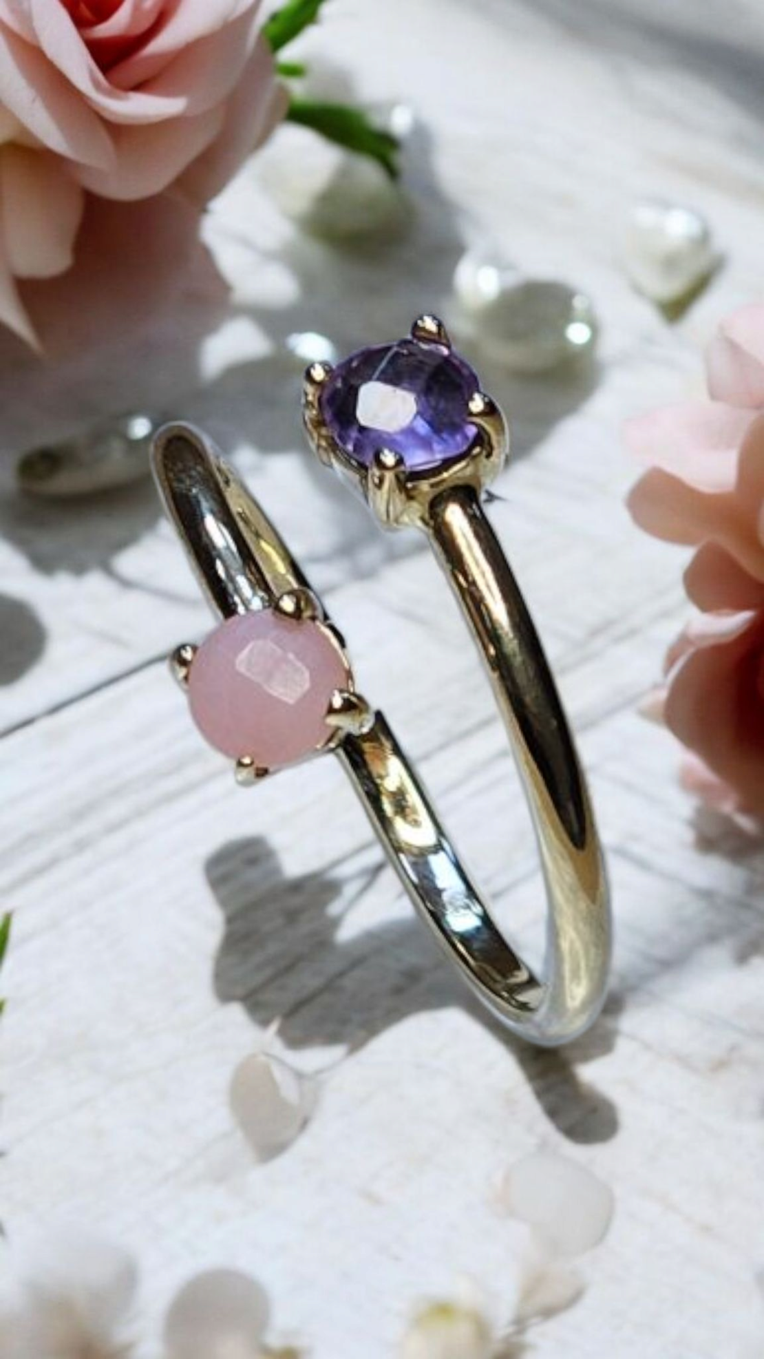 Златен пръстенс Аметист и Розов Кварц