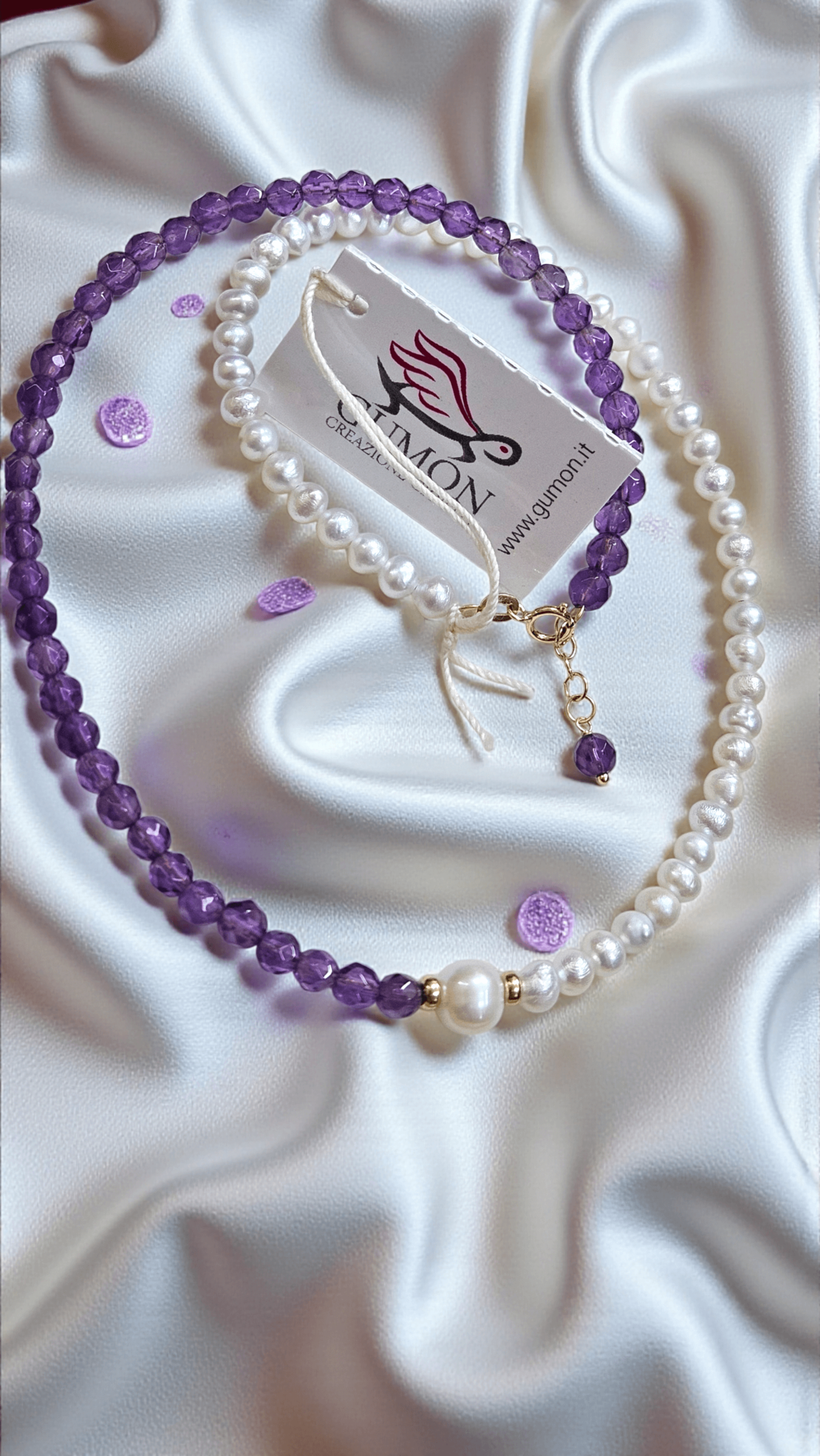 Колие Gumon с естествени перли, естесвен аметист и златни елементи