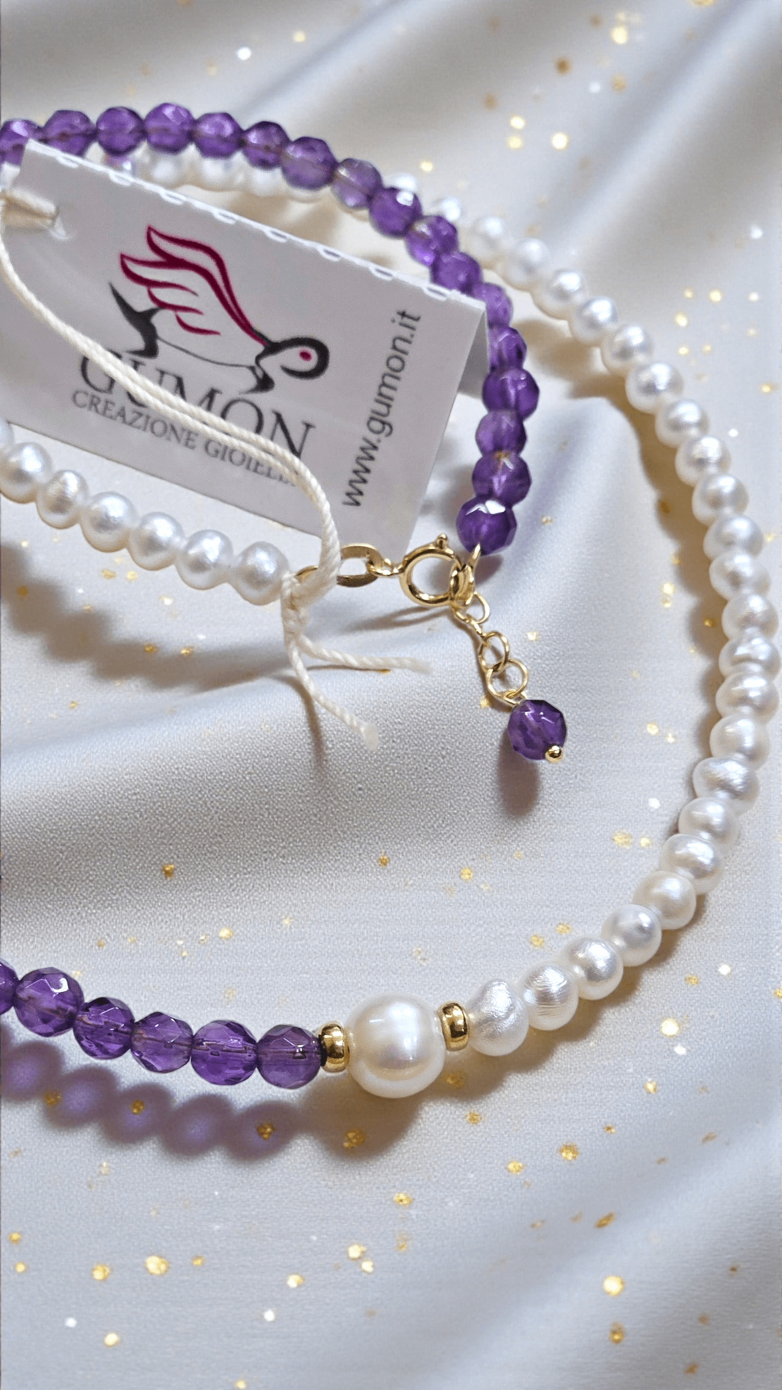 Колие Gumon с естествени перли, естесвен аметист и златни елементи