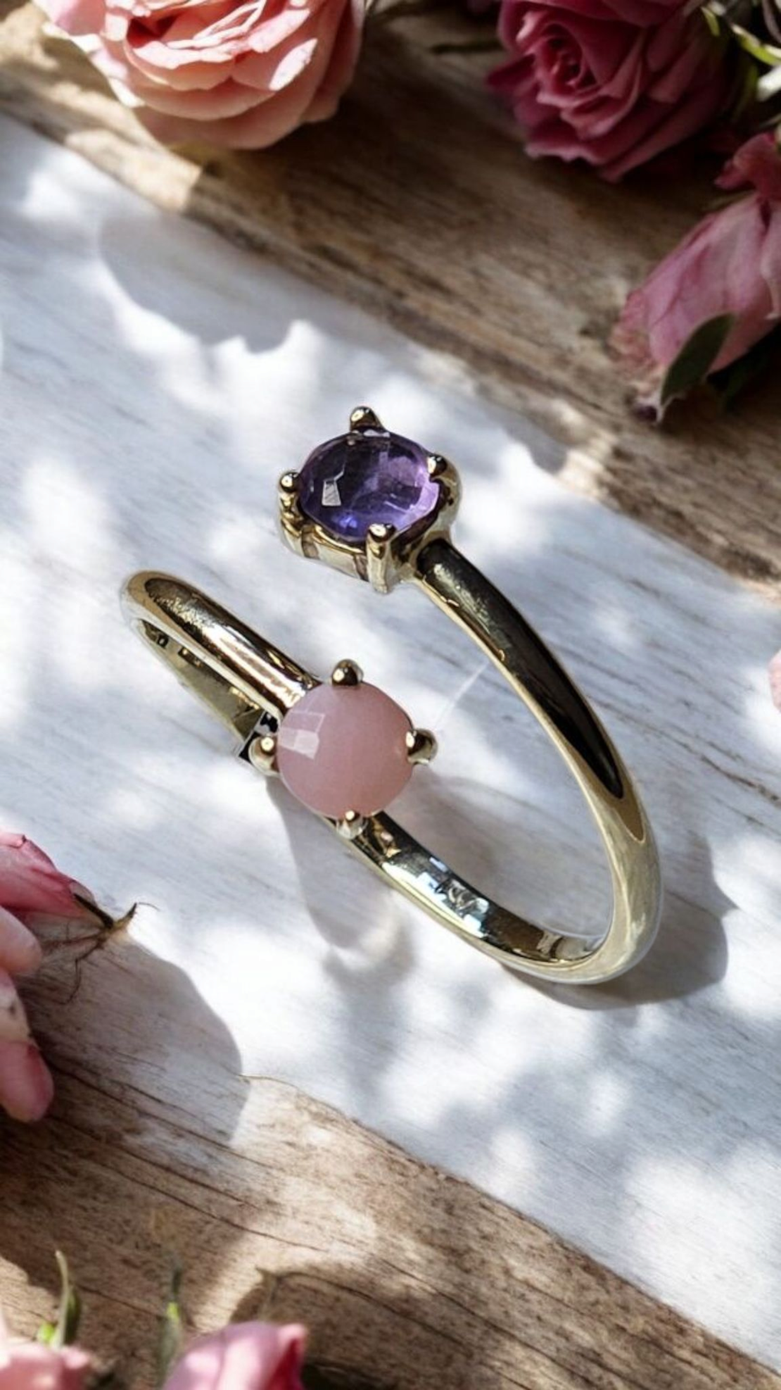 Златен пръстенс Аметист и Розов Кварц