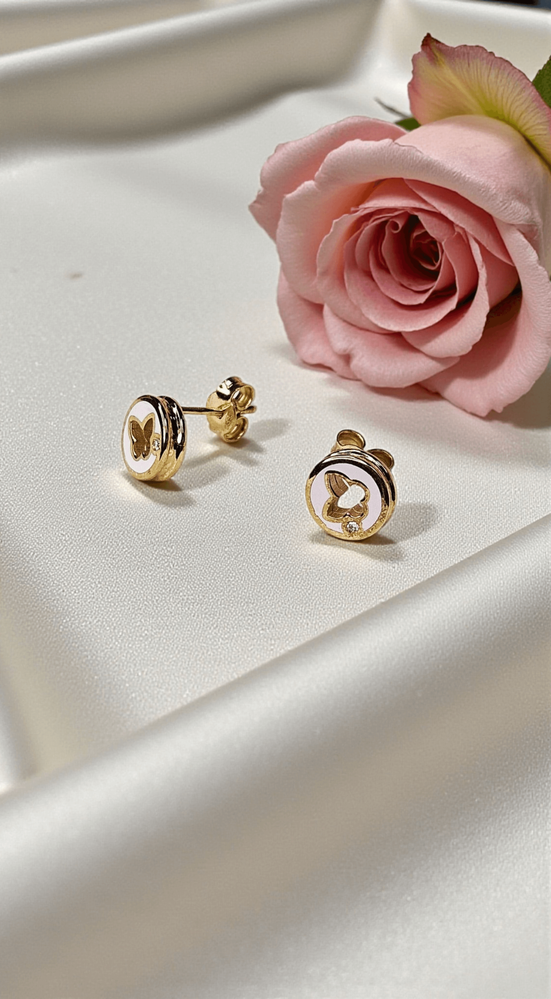 Златни обеци с Диамант, розов емайл Пеперудка Lusi Gioielli