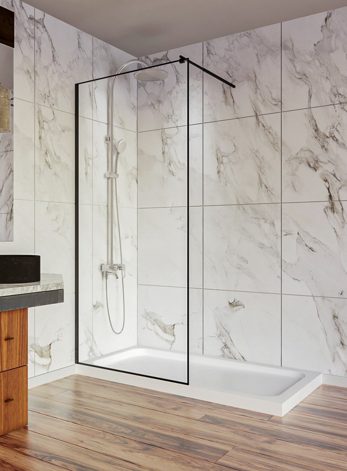 BRATOS - 007-Параван - черен профил ,прозрачно закалено стъкло 8мм 