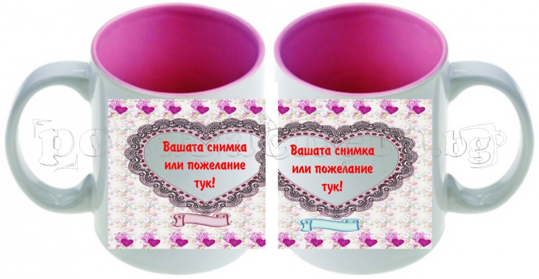 Керамична фото чаша с ваша снимка - цветя и две сърца