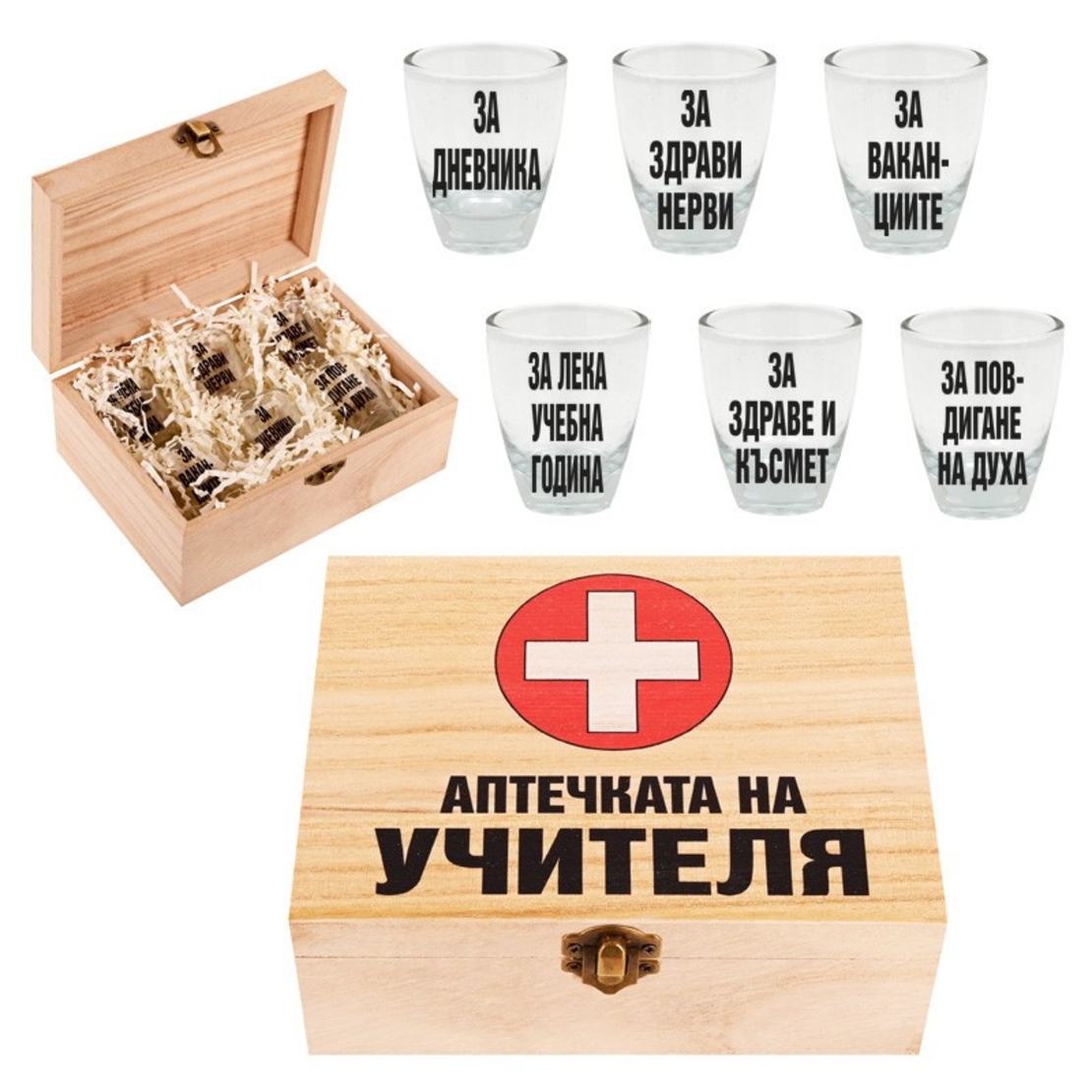 Дървена кутия с шотове - Аптечката на учителя
