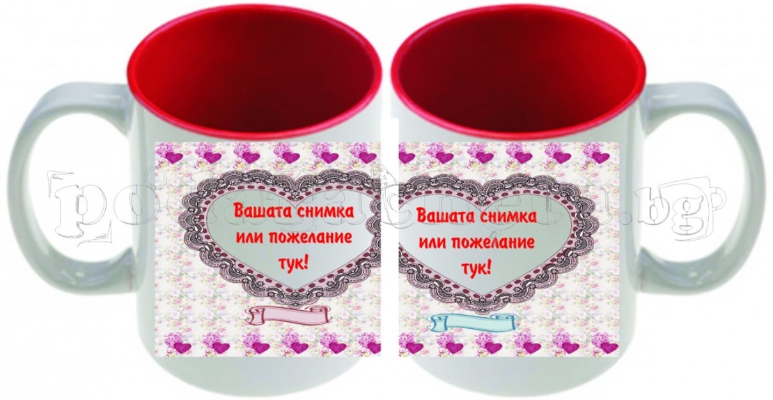 Керамична фото чаша с ваша снимка - цветя и две сърца