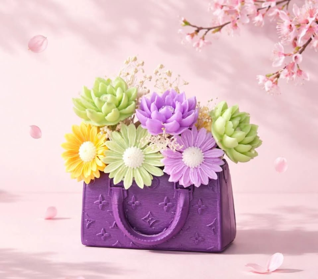 Букет от сапунени цветя декорирани в малка сладка чанта