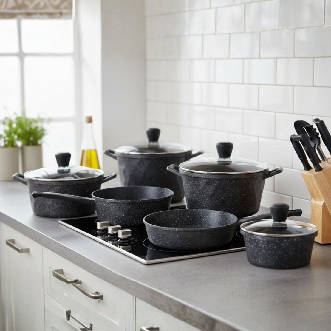 Премиум комплект съдове за готвене 12 части с мраморно покритие Cheffinger– Тенджери, тигани и касерола + 2 ръкавици