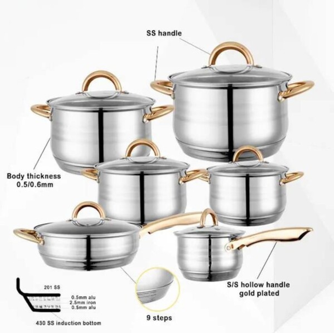 Комплект тенджери и тиган Royalty Line RL-1231G, 12ч.