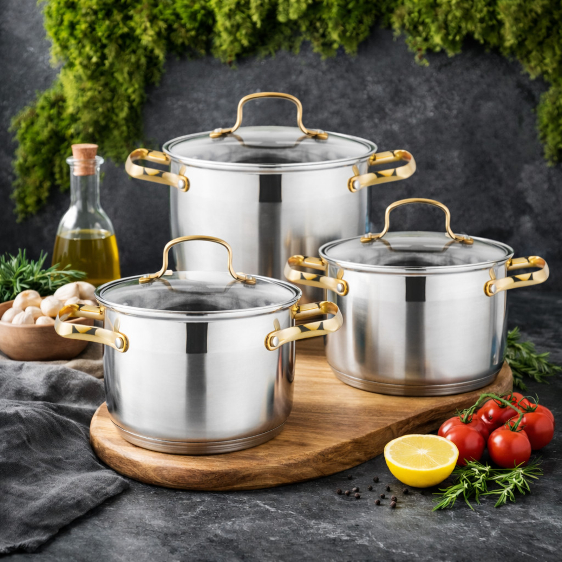 Луксозен комплект тенджери с неръждаема стомана и златисти дръжки