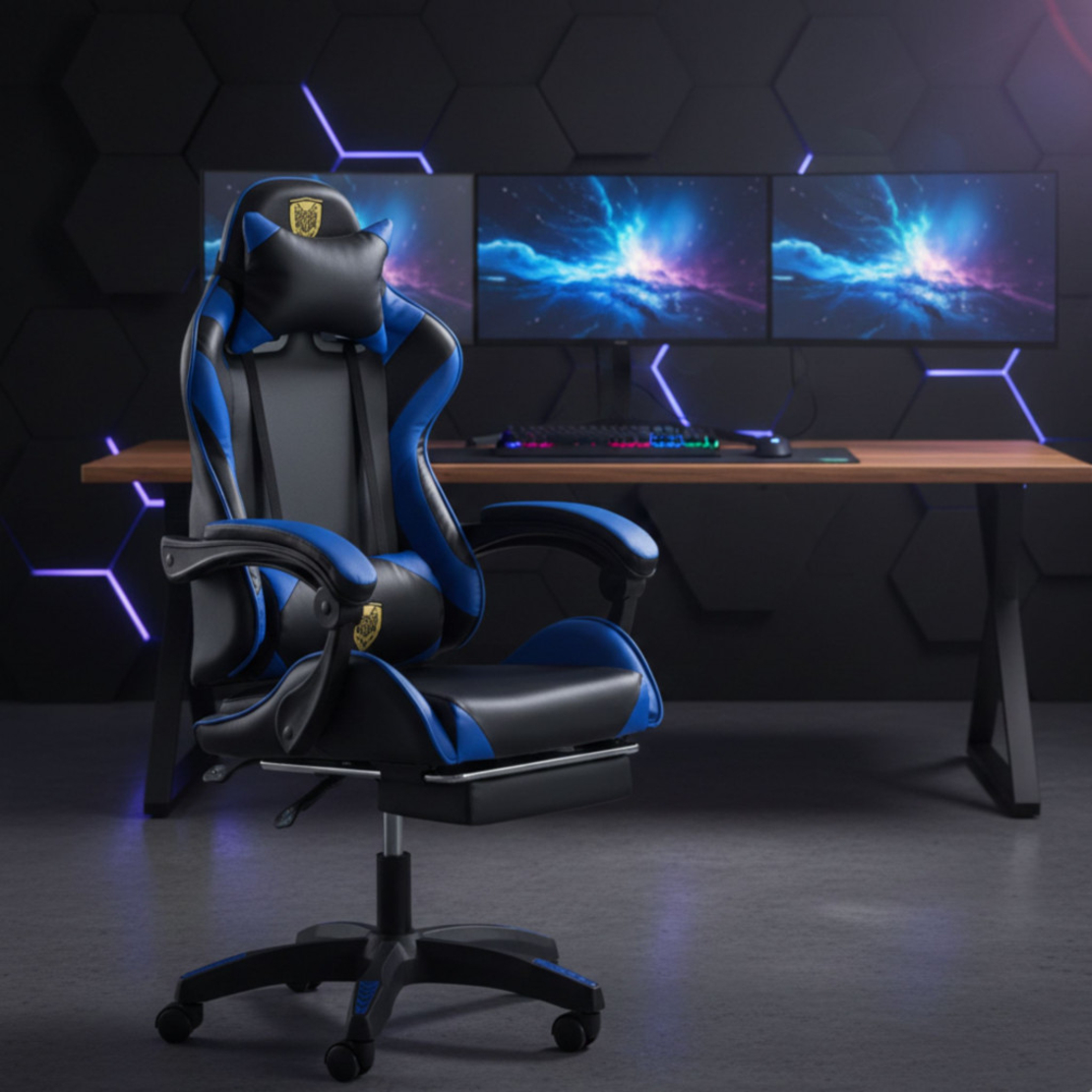 Геймърски стол с поставка за крака - подходящ за деца и тинейджъри- черно-син, въртящ, с масажна функция и спортен дизайн