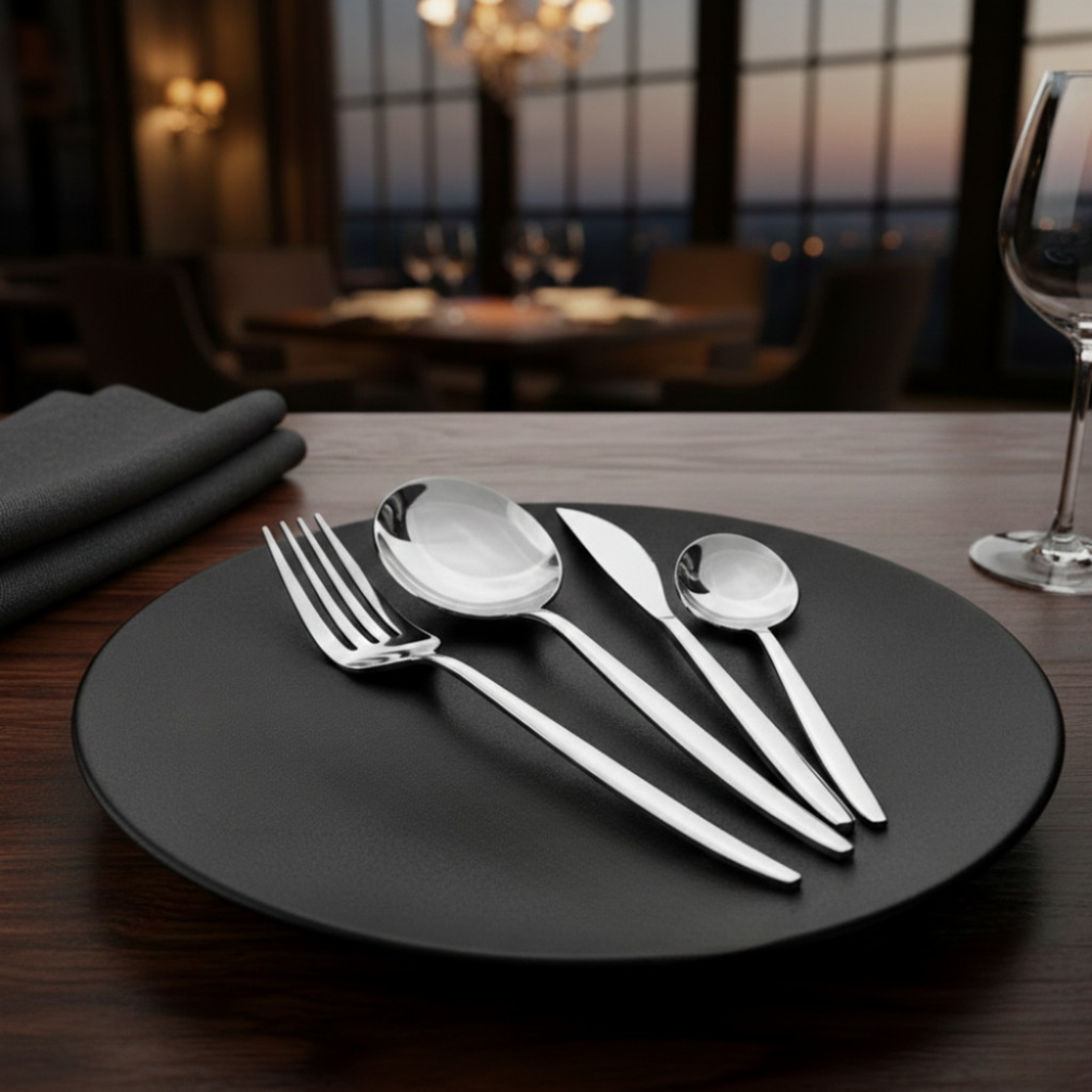 Комплект прибори за хранене в сребрист цвят от 24 части с луксозен дизайн и магнитна кутия