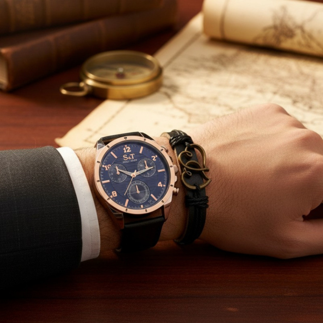 Мъжки часовник S&T Seek Time с кожена гривна – подаръчен комплект