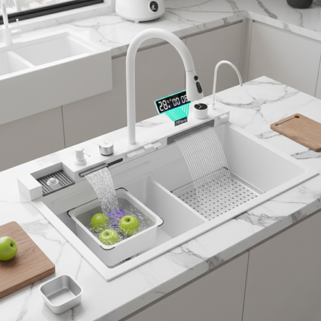 Умна кухненска мивка с изтеглящ се кран – LED дисплей, водопад, филтрирана вода и пълен комплект за модерна кухня