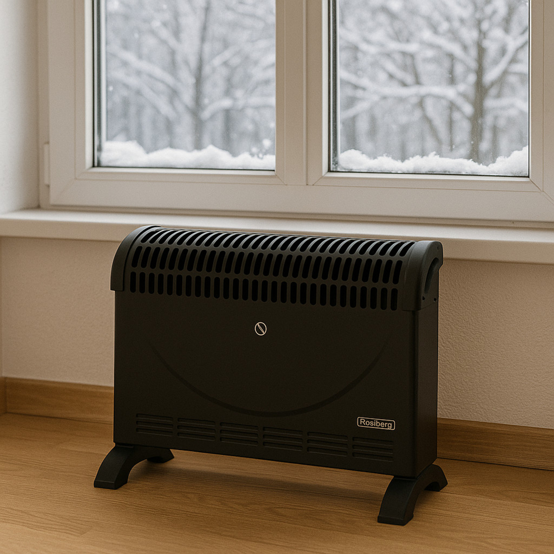 Конвекторен отоплител Rosberg – 2000W, 3 степени, с вентилатор, защита от прегряване, черен