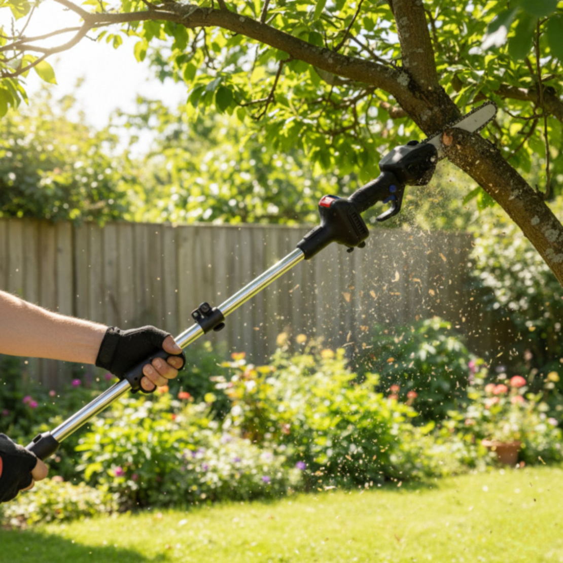 Акумулаторен мини верижен трион с телескопичен прът 21V – комплект за безопасно рязане на клони и дърва