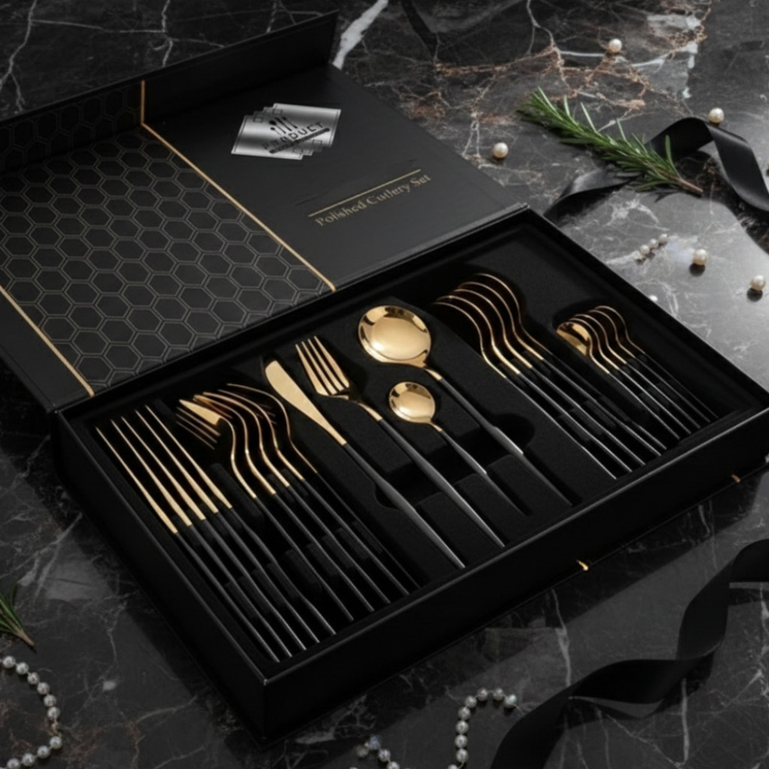 Комплект прибори за хранене от 24 части с луксозен дизайн и магнитна кутия