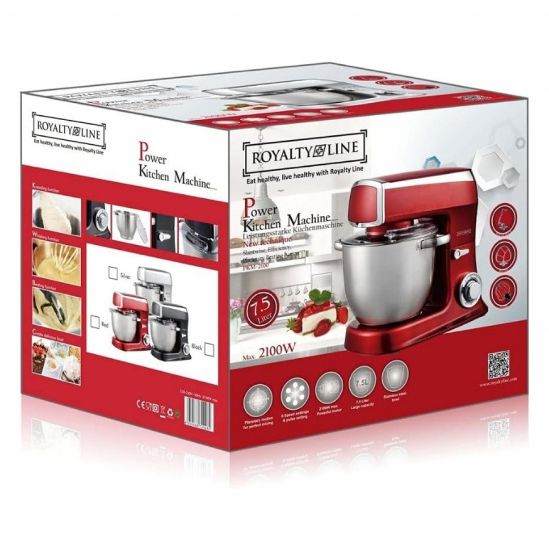 Планетарен миксер RL-PKM2100 RED - 2100W Max, 7.5L, 6 скорости + Pulse