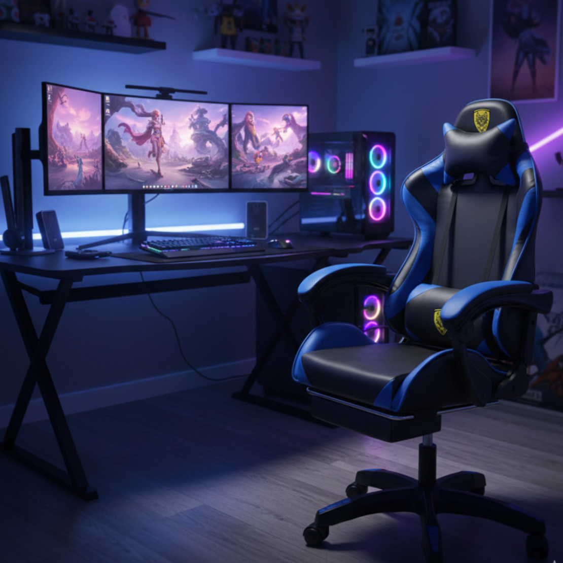 Геймърски стол с регулируема височина, лумбална възглавница и метална основа