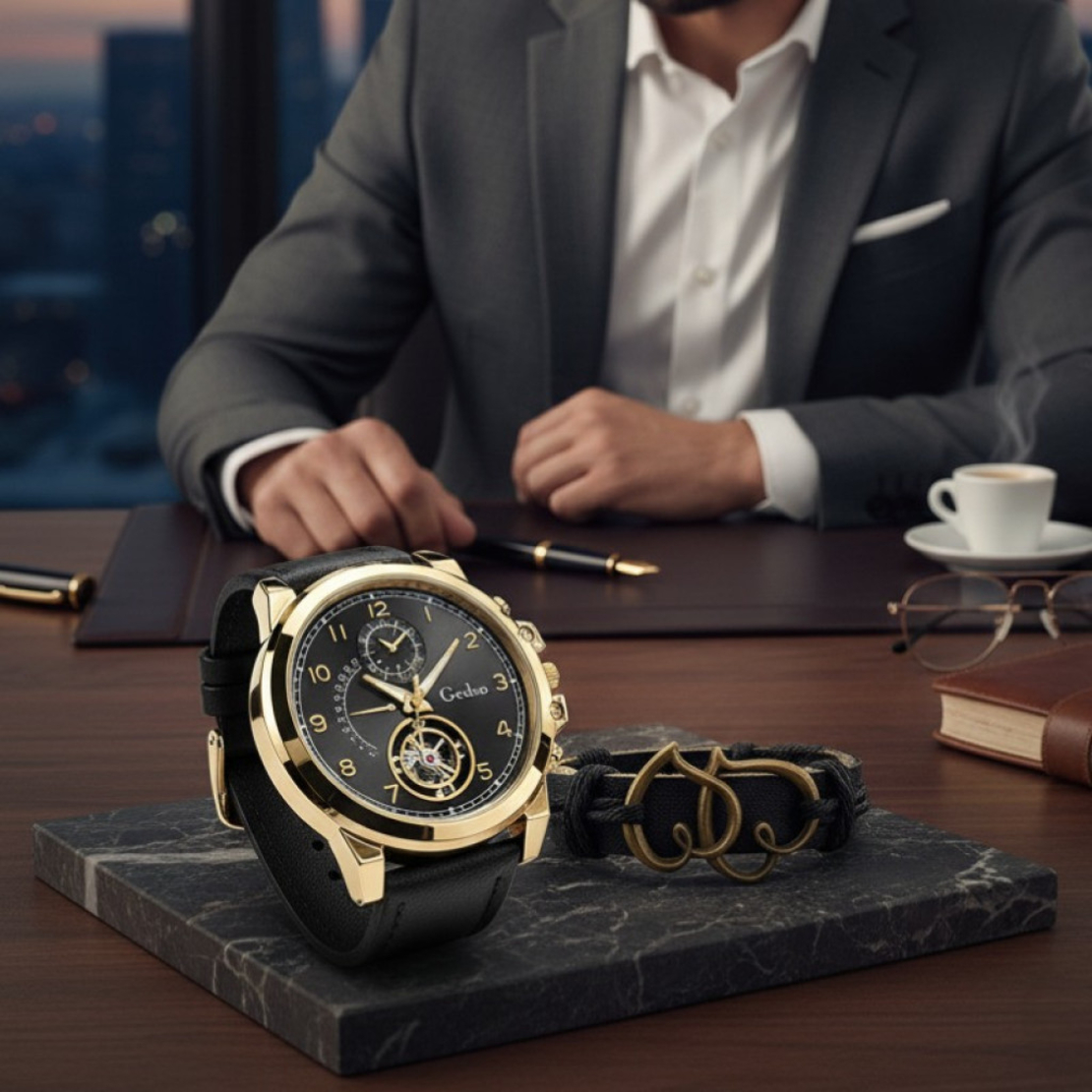 Елегантен мъжки комплект – часовник с черна каишка и гривна с метален щит