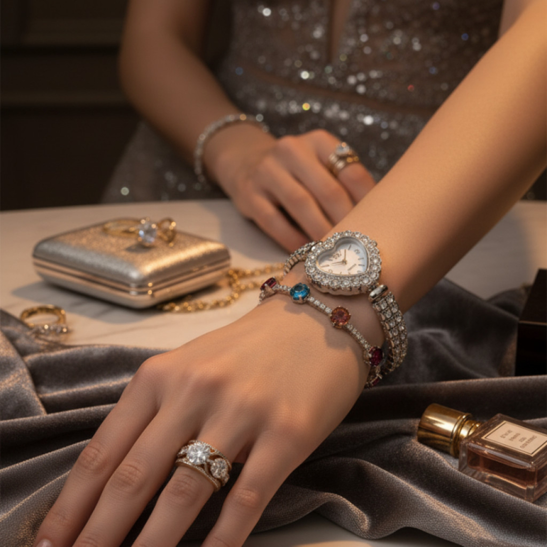 Сърцевиден дамски часовник с гривна и кристали – стил и практичност в кутия