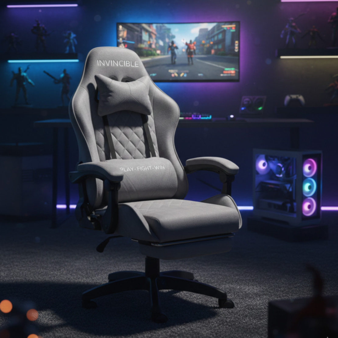 Геймърски стол с регулируема височина, лумбална възглавница и метална основа