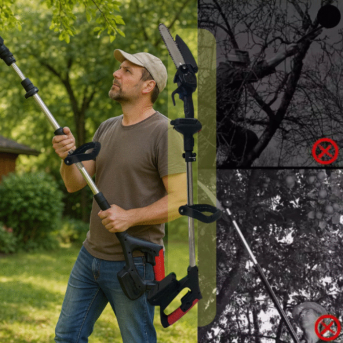 Акумулаторен мини верижен трион с телескопичен прът 21V – комплект за безопасно рязане на клони и дърва