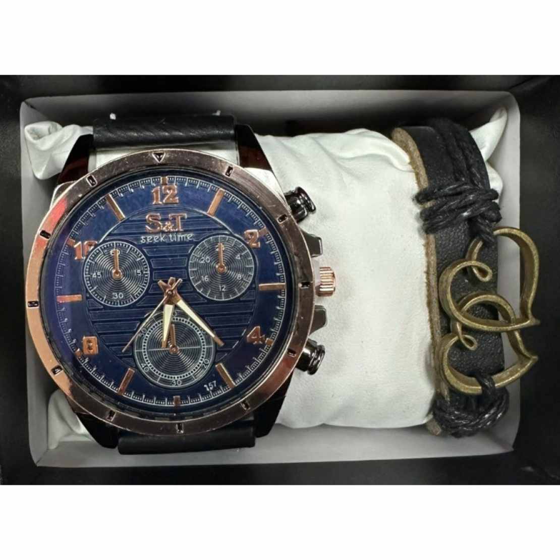 Мъжки часовник S&T Seek Time с кожена гривна – подаръчен комплект
