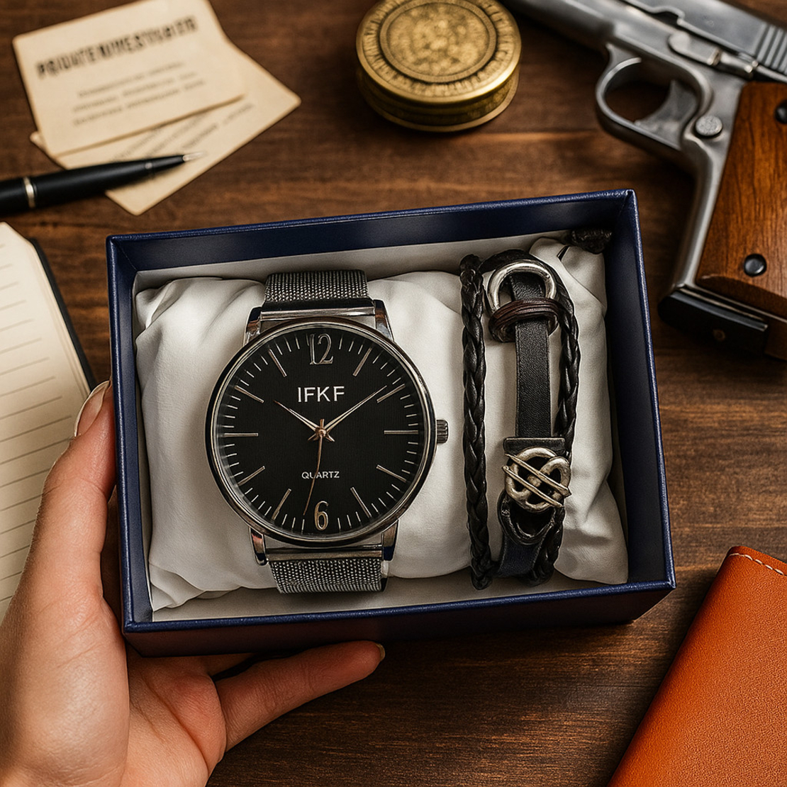Мъжки комплект – кварцов часовник с метална верижка и стилна гривна в подаръчна кутия